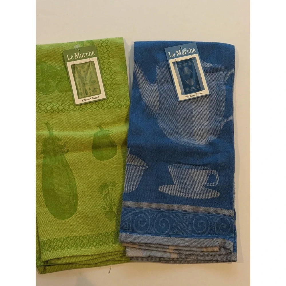 Le Marche Kitchen Towels Set of 2 Green Blue Vegetable Jacquard NWT